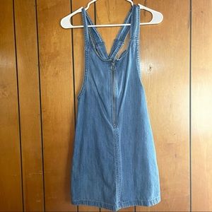 Denim element jumper dress with pink and white stripe down the side with pockets